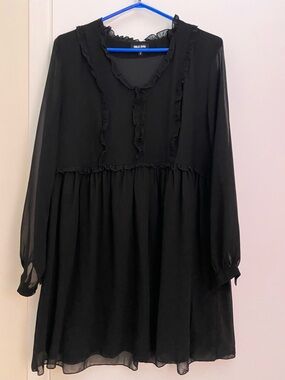 Mile End Black Ruffle-Trim Long Sleeve Swing Dress